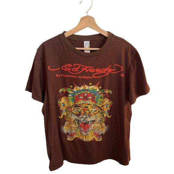 Ed Hardy Mens Brown Graphic Tee W/ Tiger Design & Rhinestones Size XL - Picture 1 of 7